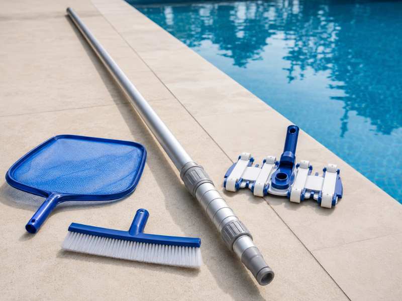 Aluminum telescopic pool pole with skimmer net, brush, and vacuum head for swimming pool cleaning