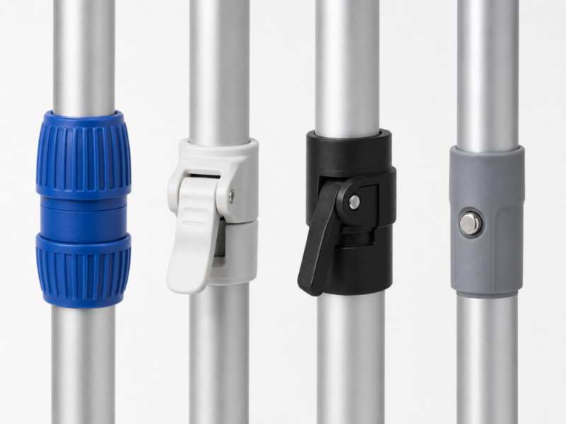 Pool pole locking mechanism comparison with twist lock, flip lock, cam lock, and push button lock