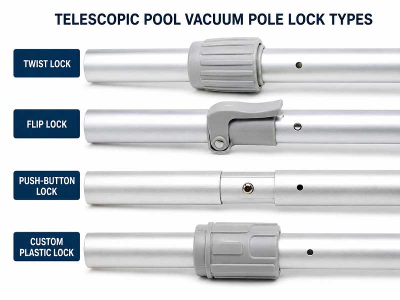 Pool pole locking mechanism options for vacuum head including twist lock flip lock and push button lock