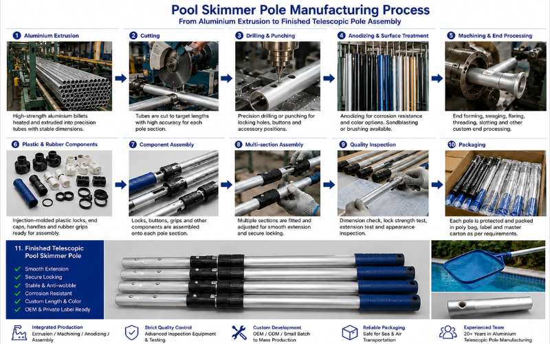 Pool skimmer pole manufacturing process with extrusion machining anodizing and assembly