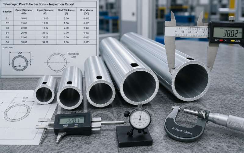 Pool skimmer pole wall thickness tube tolerance and aluminum section inspection