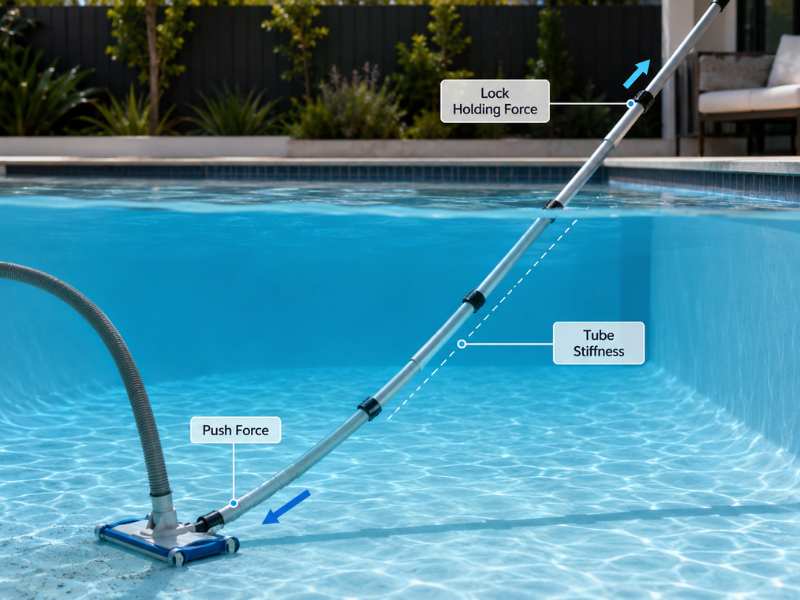 Pool vacuum pole force transfer test with vacuum head under push force