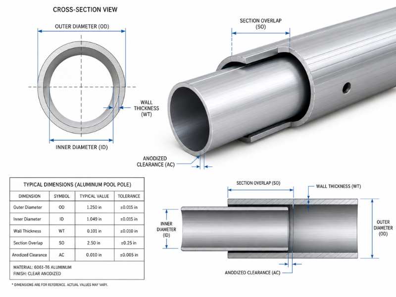 Pool vacuum pole wall thickness tube strength and telescopic section overlap