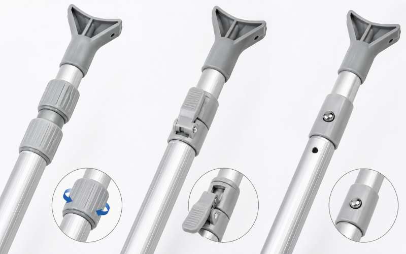 Telescopic pool pole lock system comparison for skimmer net use