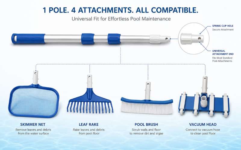 Universal pool pole for skimmer net brush leaf rake and vacuum head attachments