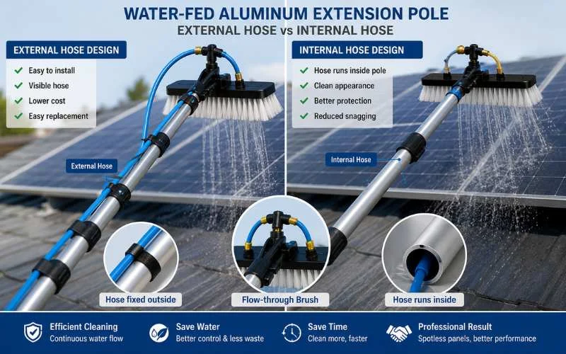 Water-fed aluminum extension pole for solar panel cleaning