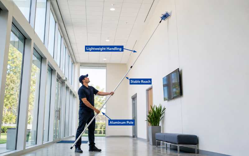 worker using aluminum extension pole