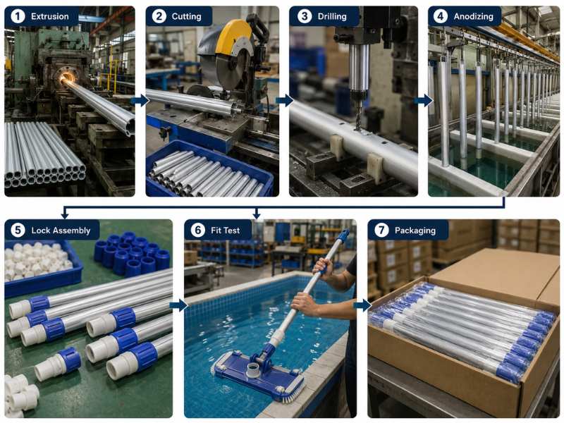 Pool vacuum pole manufacturing process from aluminum extrusion to final assembly and packaging