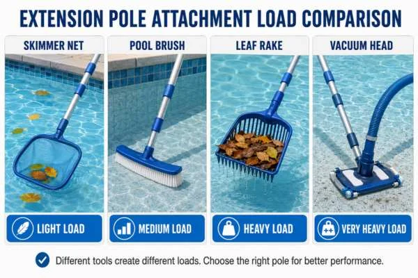 Pool skimmer, brush, leaf rake and vacuum head creating different loads on an extension pole