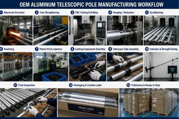 Aluminum telescopic pole extrusion, assembly and OEM packaging production