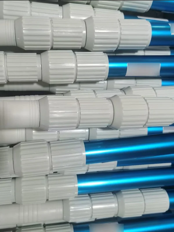 Custom blue anodized 3-section aluminum pool poles for a German pool-equipment distributor