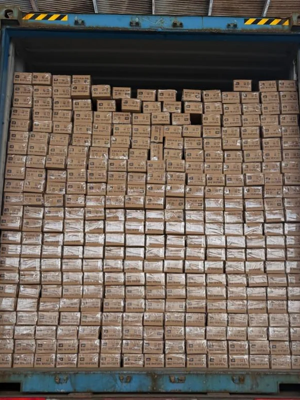 Retail cartons of Home Depot private-label pool poles loaded floor-to-ceiling in an export container
