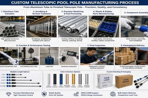 Fabrication sur mesure de poteaux de piscine en aluminium avec tubes en aluminium, verrous en plastique, pièces en caoutchouc, anodisation et assemblage final