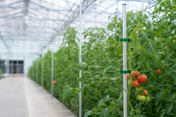 Aluminum telescopic plant support pole in a commercial greenhouse