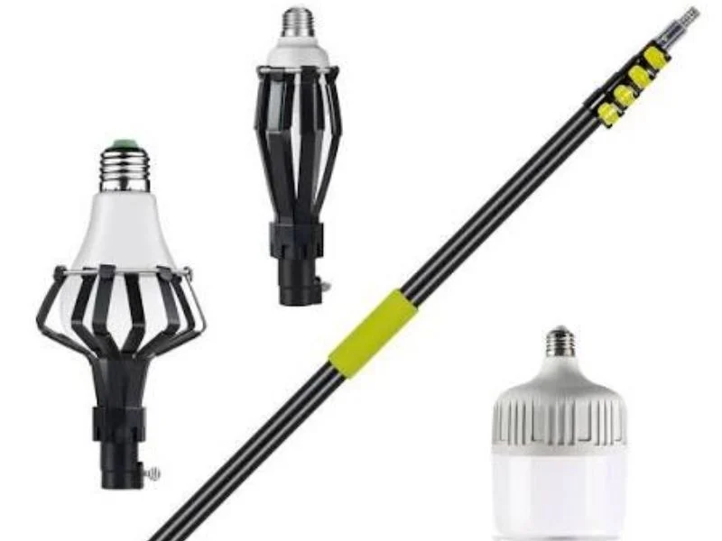 Retail bulb changer kit includes pole, suction cup, spring gripper, cup and printed cardboard carton.