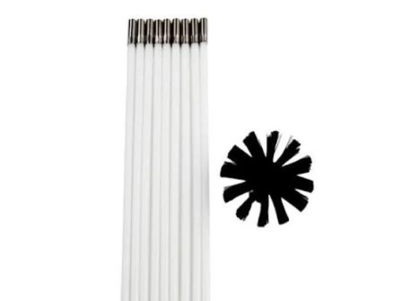 Complete chimney sweep rod kit with brush and case laid out