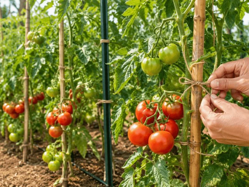 Heavy duty aluminum tomato stake under full fruit load