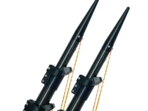 Pair of telescoping aluminum outrigger poles deployed for trolling