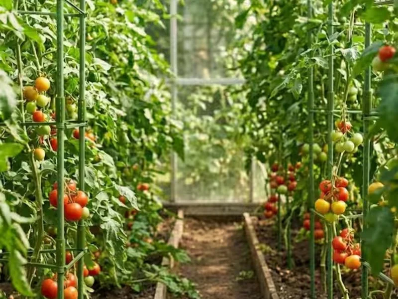 Tomato cage built from stakes and molded connectors