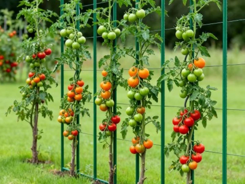 Tall aluminum tomato stakes training indeterminate vines in rows