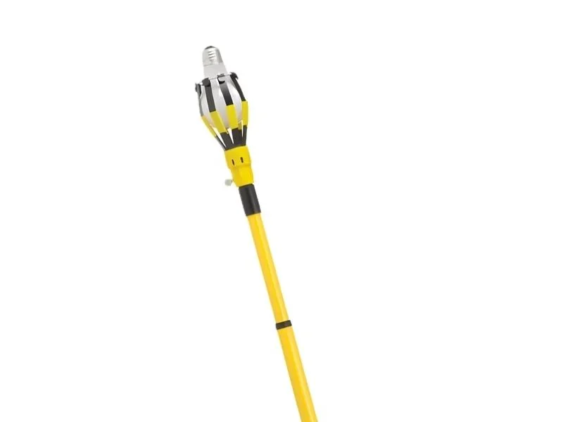 Three‑section telescopic bulb changer pole extended, showing clamp locking devices between sections.