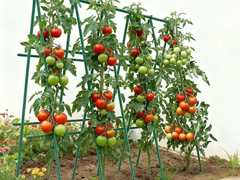 Molded vine clips and ground tips for aluminum tomato stakes