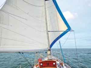 Telescoping aluminum whisker pole holding out a headsail