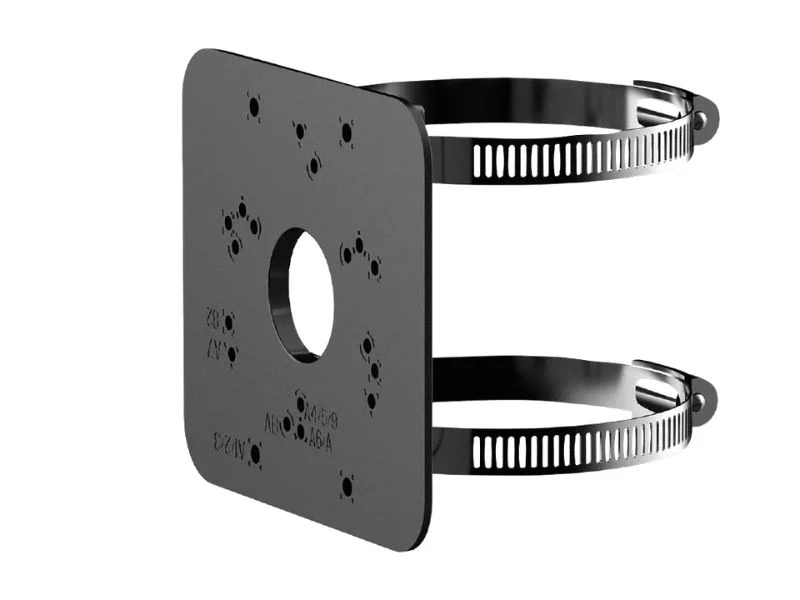 CNC-machined aluminum camera plate with a customer bolt pattern being measured with calipers