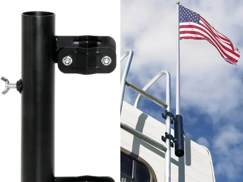 Ladder clamp brackets holding a telescoping flag pole