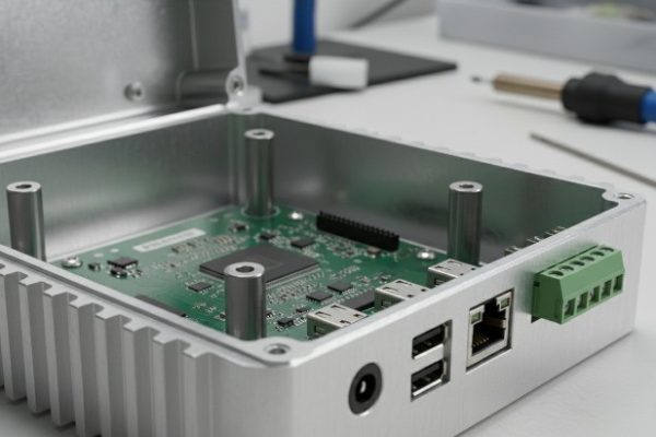 aluminum PCB enclosure with PCB installed and connector alignment in workshop
